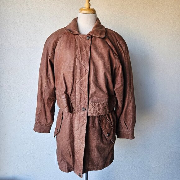 Vintage 80s Wilson’s Leather Adventure Bound Longline Brown Trench Jacket Small - Picture 1 of 14